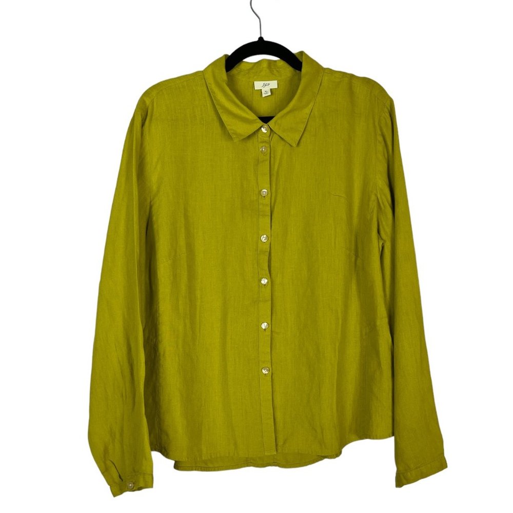 J. Jill Green Olive Simple Minimalist Linen Button Down Shirt Sz XL